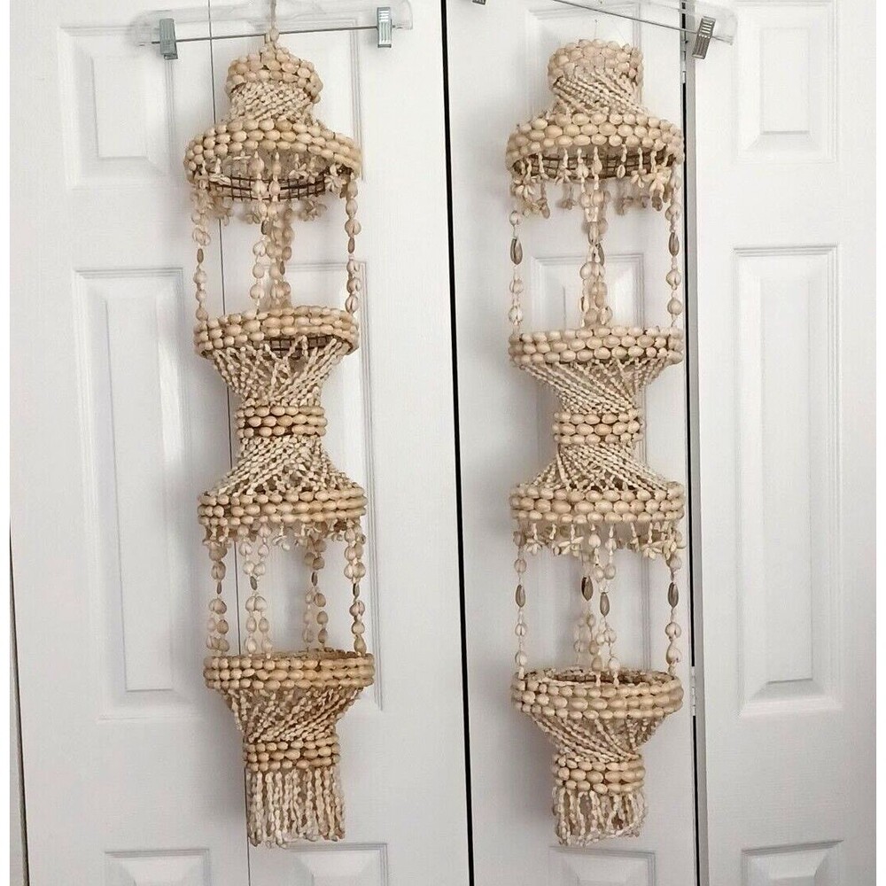 Lot Of 2 Vintage Hanging Planter Sea Shell 2 Tiered Plant Holder 42” Tall